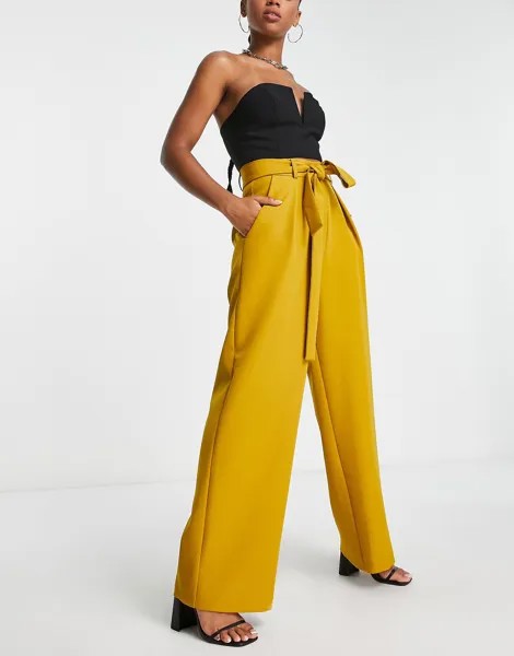 Горчичные широкие брюки с поясом ASOS DESIGN