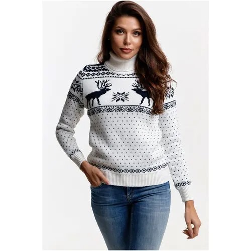 Шерстяной свитер, классический скандинавский орнамент с Оленями и снежинками, натуральная шерсть, белый цвет, синий орнамент, размер L