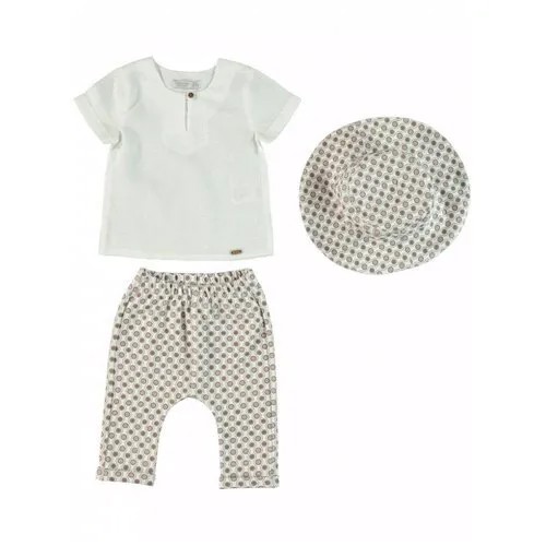 Комплект для мальчика Monna Rosa футболка, штанишки и панама белый/коричневый, размер 68-74