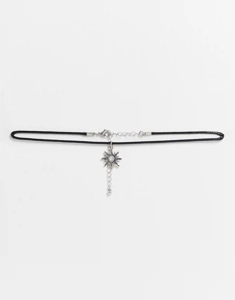 Ожерелье-шнурок с серебристой подвеской в виде солнца со вставкой из лунного камня ASOS DESIGN-Серебристый