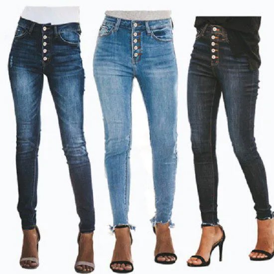 Женщины высокой талией стрейч джинсы кнопки тощий случайные тонкий карандаш брюки женские брюки