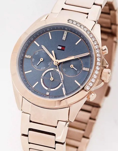 Золотистые женские часы-браслет с синим циферблатом Tommy Hilfiger-Золотистый