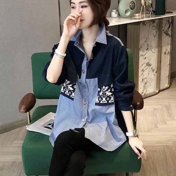 Новая джинсовая рубашка для женщин блузка с длинным рукавом корейская мода женские офисные Топы Куртка роскошная дизайнерская одежда