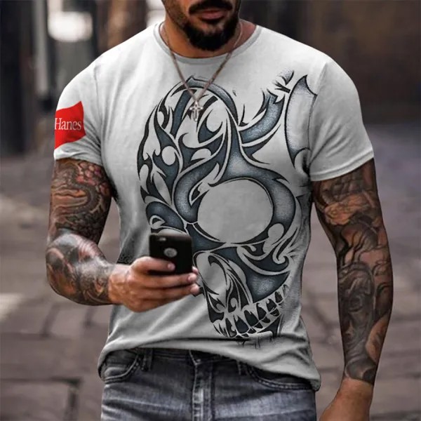 Hanes Мужская футболка Ретро Череп печати Графический короткий рукав Повседневная футболка