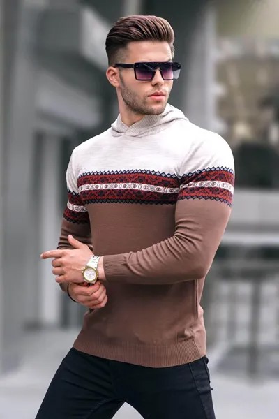 Бежевый мужской свитер с капюшоном 5624 MADMEXT