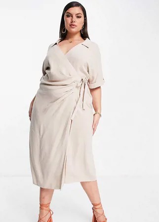 Светло-бежевое льняное платье миди с запахом ASOS DESIGN Curve-Нейтральный