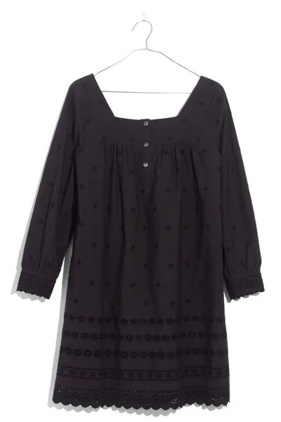 MADEWELL Черное хлопковое платье-рубашка прямого кроя с цветочной вышивкой и квадратным вырезом XS