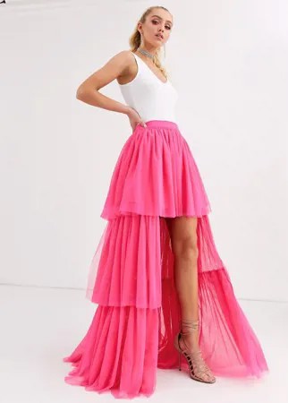 Неоново-розовая многоярусная юбка макси Lace & Beads-Розовый цвет
