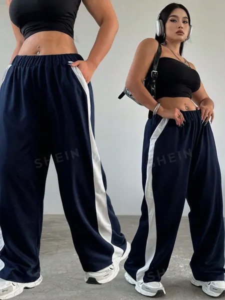 EZwear Женские повседневные брюки Большие размеры Простые повседневные брюки с цветными блоками Shein, темно-синий