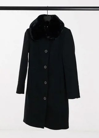 Черное длинное пальто с воротником из искусственного меха Forever New-Черный