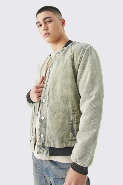 Стеганый бомбер цвета хаки Cord Acid Wash boohooMAN, хаки