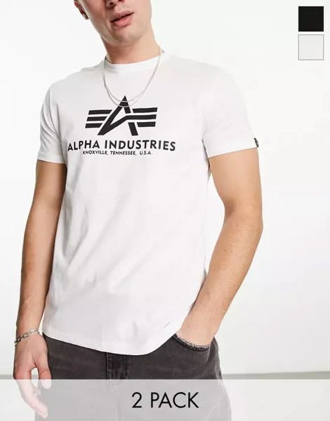 Комплект из 2 базовых черно-белых футболок с логотипом Alpha Industries