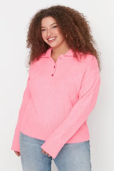 Розовый трикотажный свитер с воротником поло Trendyol