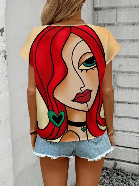 SHEIN LUNE Женская повседневная и простая рубашка с портретным узором Подходит для лета, многоцветный