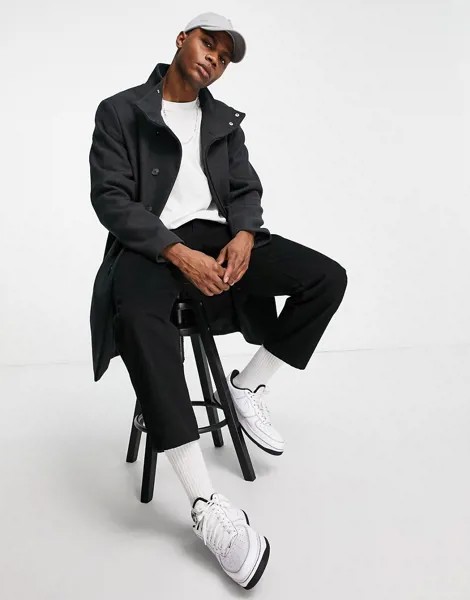 Темно-серое пальто из смесовой шерсти с воротником-стойкой ASOS DESIGN-Серый