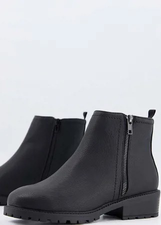 Черные ботинки на плоской массивной подошве с молнией сбоку New Look Wide Fit-Черный цвет