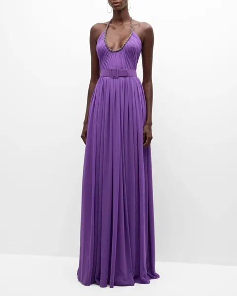 Платье с поясом и рюшами на бретельках Badgley Mischka Collection, цвет Purple