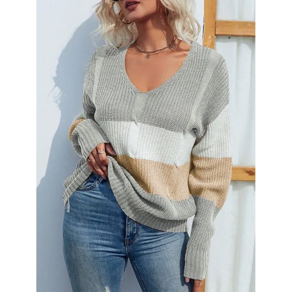 Женский пуловер контрастного цвета в стиле ретро свитер с V-образным вырезом