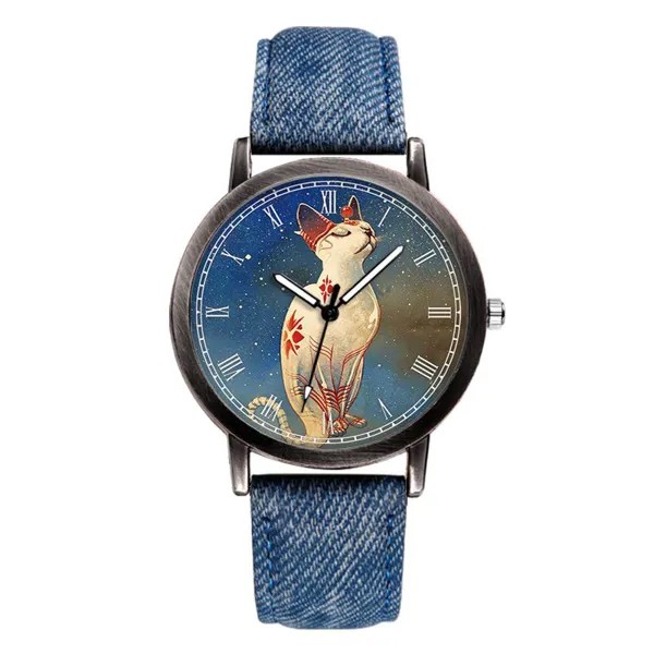 Мода Джинсовый ремешок Кошка Элегантные творческие дамы Наручные часы Повседневные простые часы