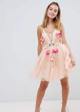 Платье мини из тюля с 3D цветком ASOS DESIGN Petite-Розовый