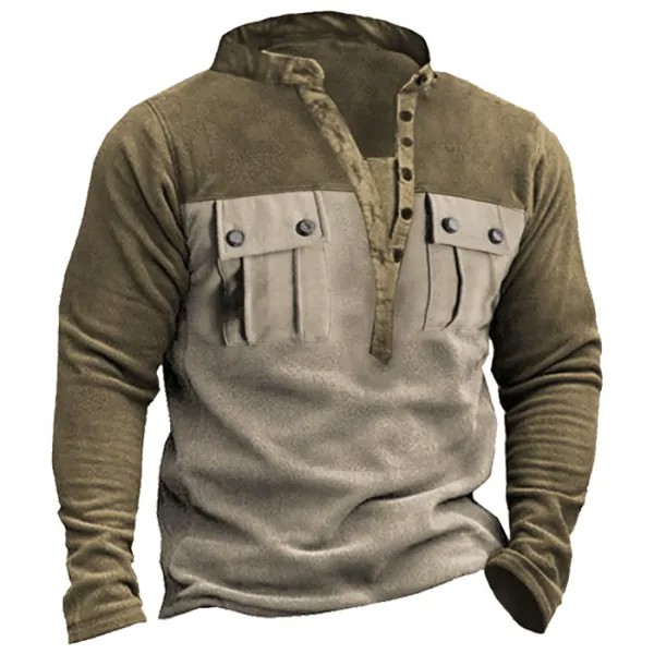 Мужская толстовка Henley из флиса для тренировок на открытом воздухе с цветными блоками и карманами