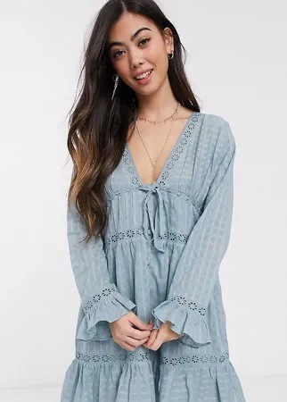 Синее свободное платье мини на пуговицах с кружевными вставками ASOS DESIGN Petite-Синий