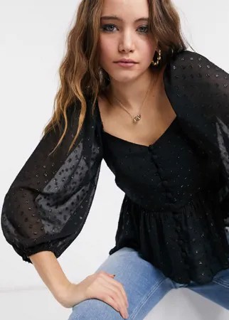 Черная блузка из ткани добби с пуговицами спереди New Look-Черный цвет
