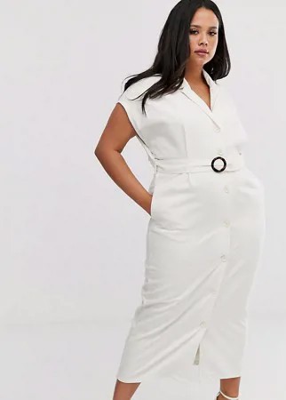 Джинсовое платье-рубашка миди с открытой спиной и поясом ASOS DESIGN Curve-Белый