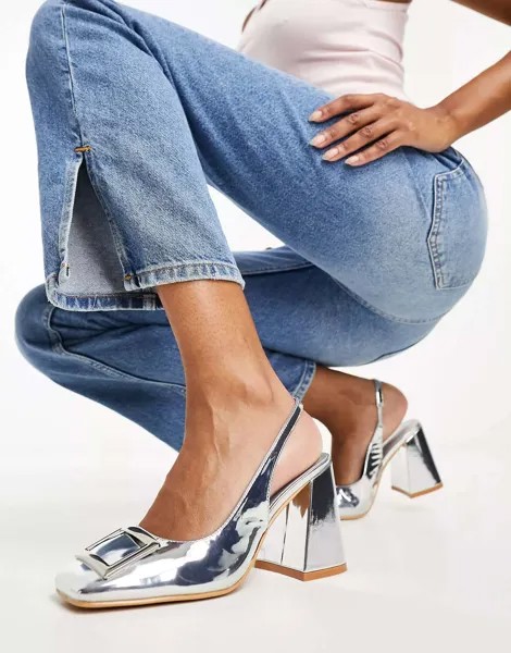 Гламурные серебристые туфли на толстом каблуке с ремешком на пятке Glamorous