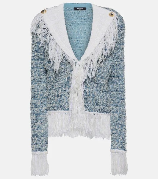 Джинсовый твидовый пиджак с бахромой Balmain, синий
