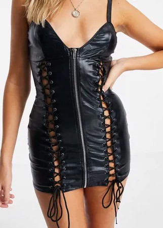 Черное платье с эффектом мокрой ткани со шнуровкой спереди Ann Summers Addiction-Черный