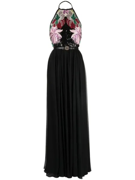 Шелковое платье макси с вышивкой пайетками Elie Saab, черный