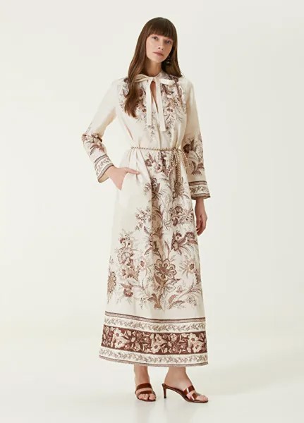 Льняное платье макси цвета экрю с цветочным принтом Zimmermann