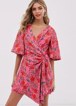 Платье мини с запахом и цветочным принтом Finders Keepers - Hana-Розовый