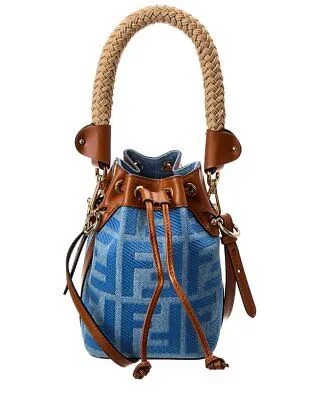 Миниатюрная женская сумка-мешок Fendi Mon Tresor из джинсовой и кожаной ткани, синяя