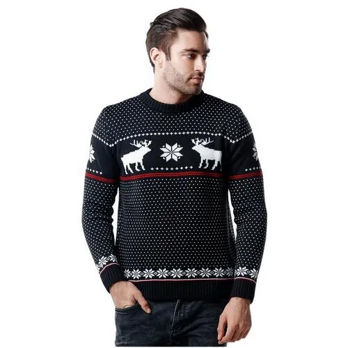 Шерстяной свитер, классический скандинавский орнамент, Олени и снежинки, натуральная шерсть, черный и белый цвет, размер M