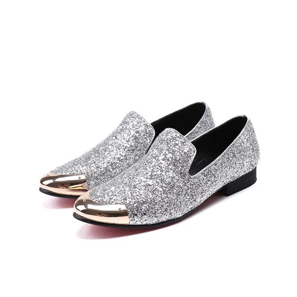 Итальянские модные брендовые мужские туфли золотые металлические кепки на плоской подошве классические туфли серебряные блестящие мужски...