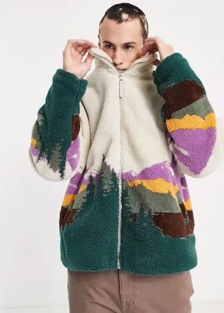 Oversized-куртка из искусственного меха «борг» с пейзажным принтом ASOS DESIGN-Серый