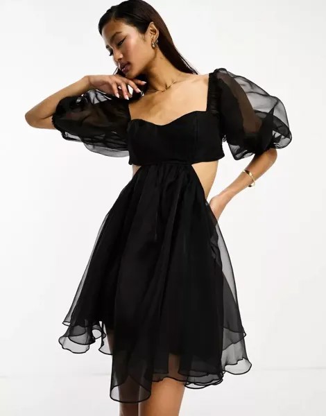 Черное мини-платье из органзы Lace & Beads