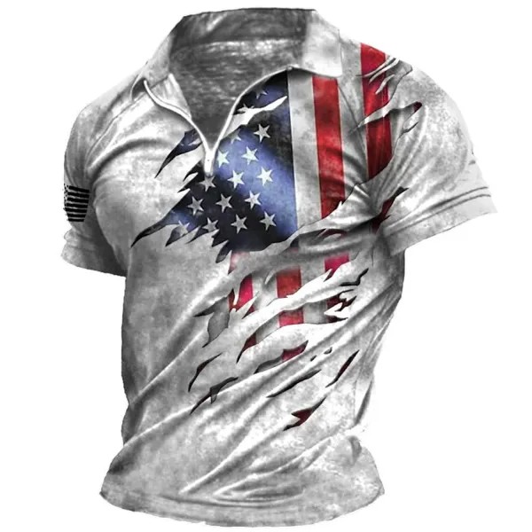 Мужская винтажная футболка с принтом американского флага и лацканами на молнии