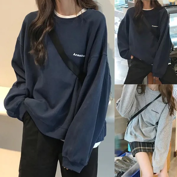 Женщины Твердые блузки Печатная рукав Письма Длинные Pullover цвет
