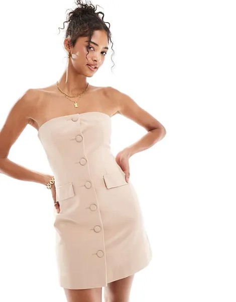 Голубое узкое мини-платье Miss Selfridge – на пуговицах и вырезе-бандо