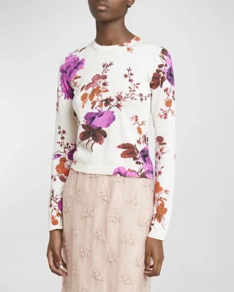 Шелковый свитер с круглым вырезом с цветочным принтом Erdem, цвет Rose Pink
