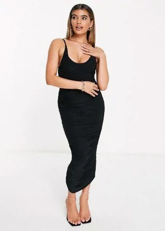 Присборенное платье макси черного цвета с овальным вырезом Femme Luxe-Черный цвет