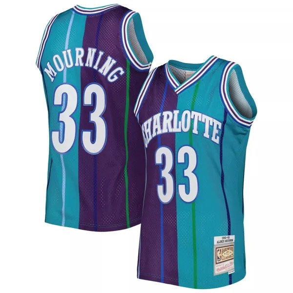 Мужская майка Mitchell & Ness Alonzo Mourning Teal/Purple Charlotte Hornets Hardwood Classics 1992-93 Split Swingman Джерси