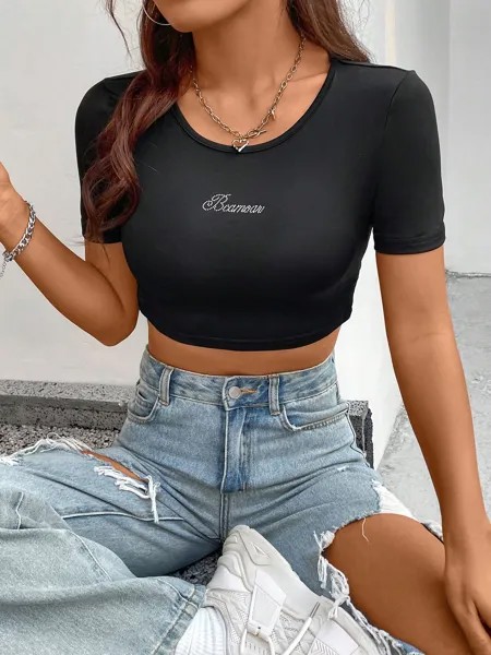 Укороченный топ SHEIN EZwear, облегающая рубашка с буквенным узором, черный цвет