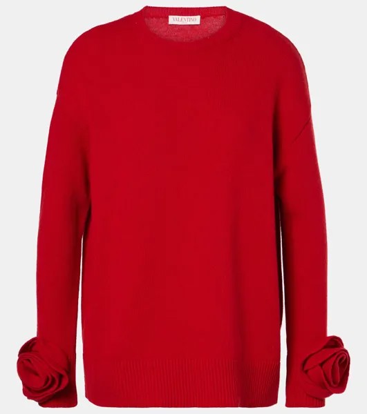 Свитер из натуральной шерсти с цветочной аппликацией Valentino, цвет rosso