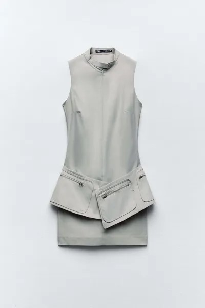 Платье Zara With Belt And Pockets, каменно-серый