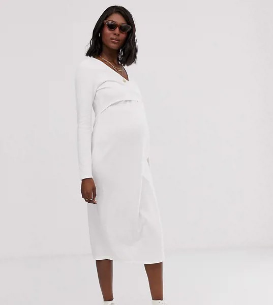 Мягкое платье миди с V-образным вырезом и завязкой ASOS DESIGN Maternity-Белый