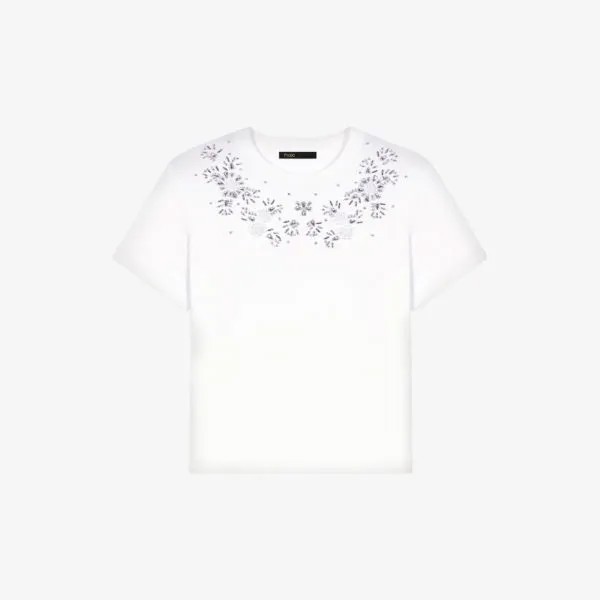 Хлопковая футболка с короткими рукавами, украшенная цветочными камнями Maje, цвет blanc